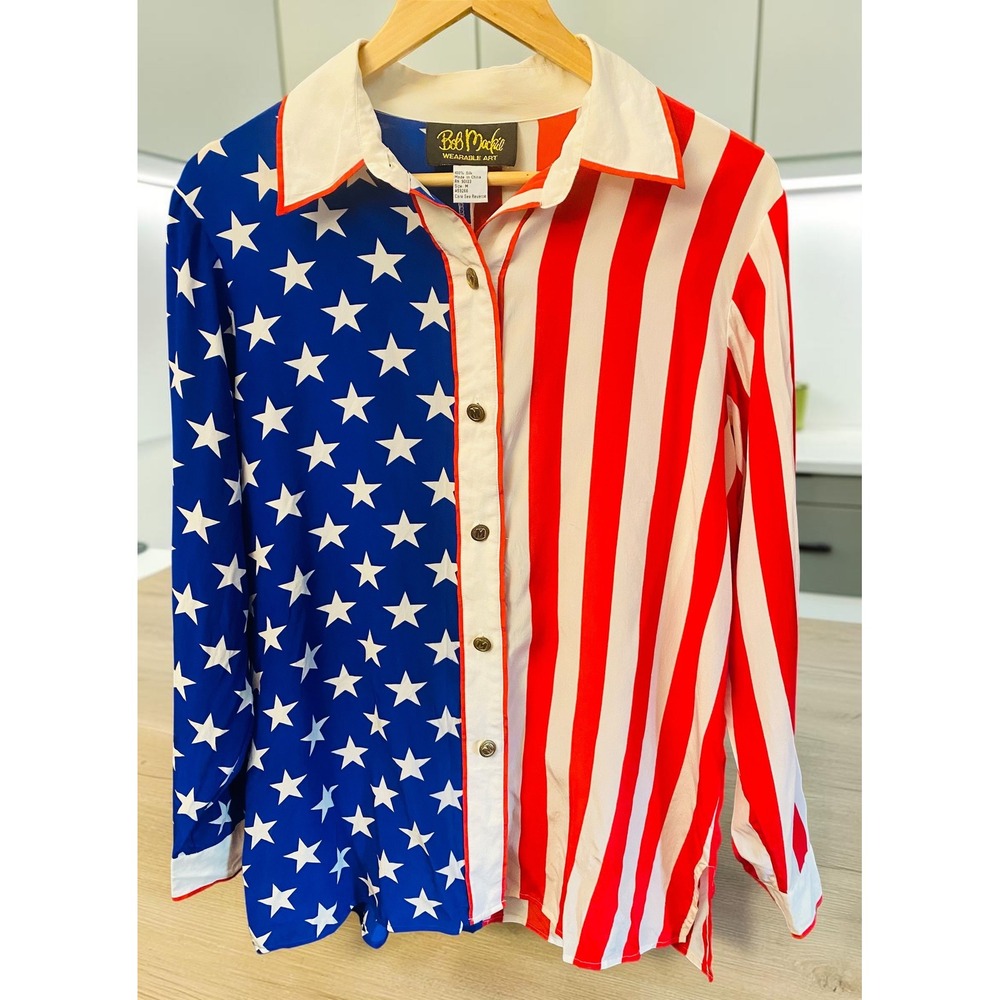 Bob Mackie Wearable Art Silk American Flag Women Size M Vintage Blouse